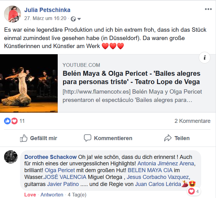 Screenshot des Facebook-Postings über das Flamenco Stück "Bailes Alegres para personas tristes"
