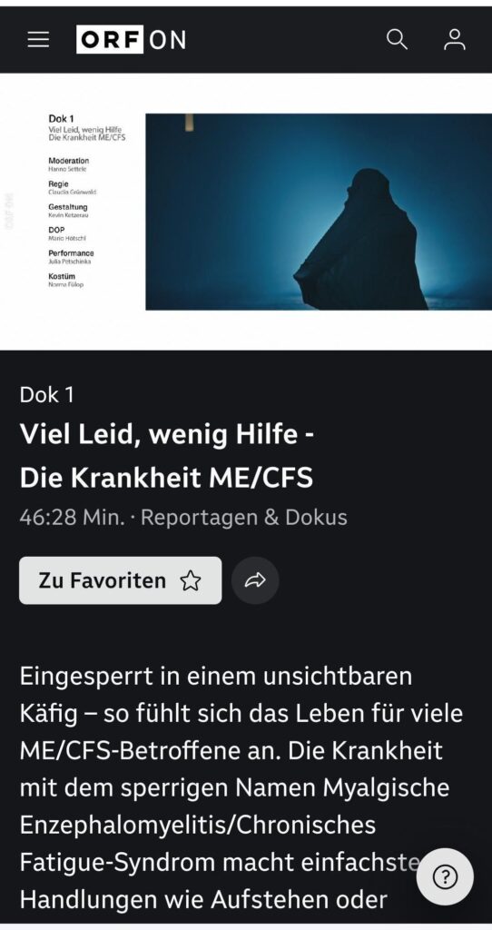 Screenshot der Ankündigung der ORF Dok1 zum Thema ME/CFS